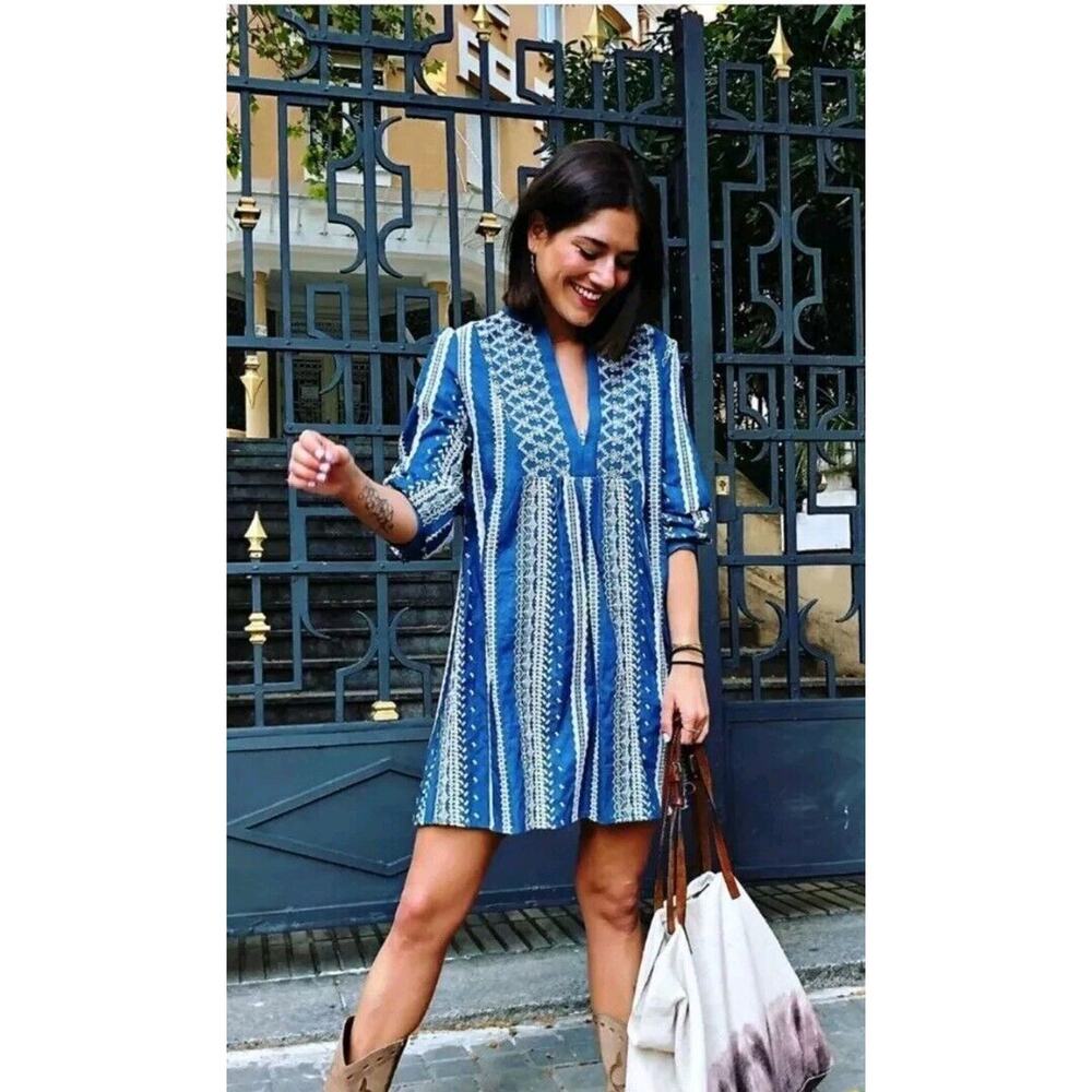 ZARA Chambray EMBROIDERED Eyelet Mini Tunic Dress Medium 4786/057 Bloggers Fav
